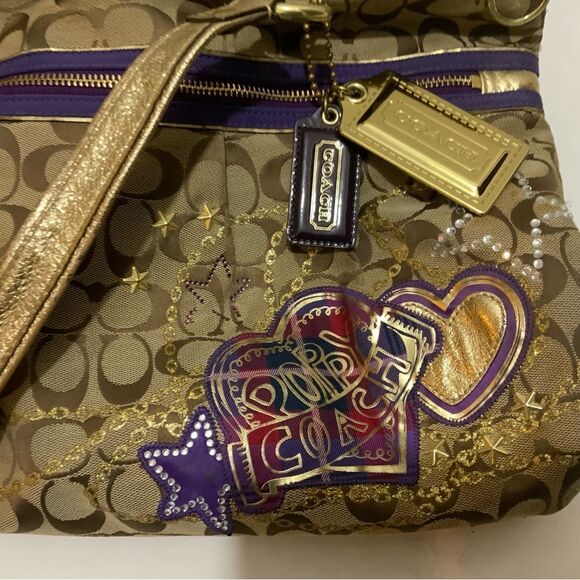 Coach Poppy Tartan Plaid Glam 15882 Shoulder Handbag Tote - Tan Purple Gold - Picture 15 of 16